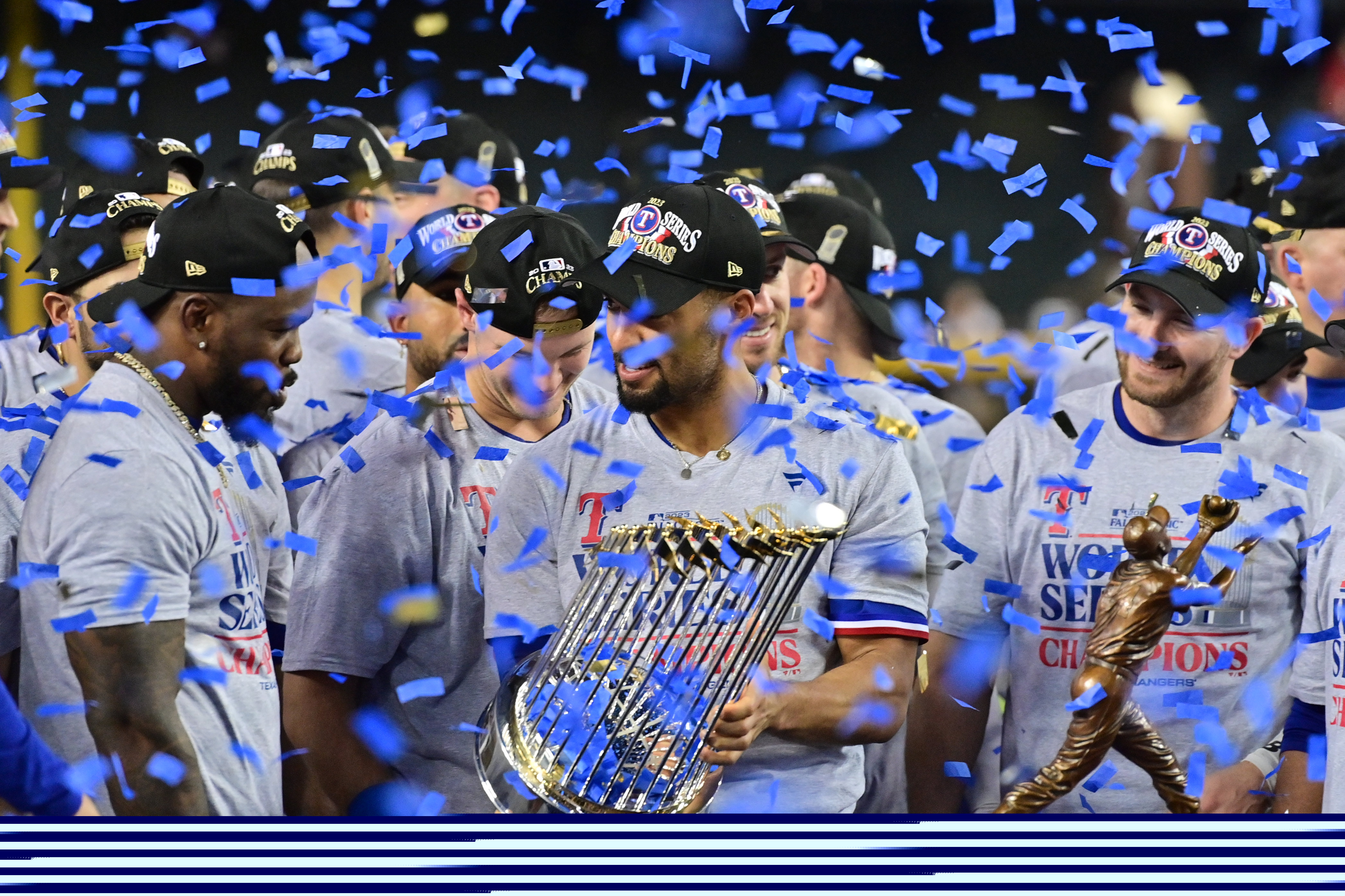 Texas Rangers second baseman Marcus Semien celebrates defeating the Arizona Diamondbacks to win the World Series in game five of the 2023 World Series at Chase Field.